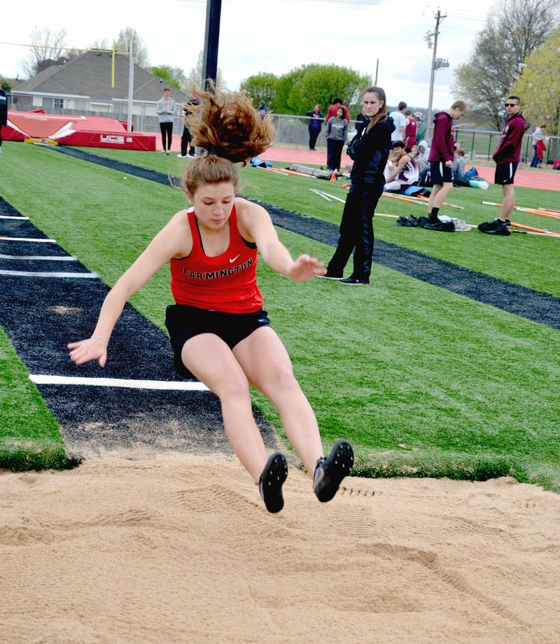 Times of Northeast Benton County Annette Beard/Farmington senior Alexis Roach, shown competing in long jump Thursday at the Blackhawk Relays hosted by Pea Ridge, found herself starring in a personal video she originally had no desire to take part in several months before Zach Williams&#x2019; hit &#x201c;Fear Is A Liar&#x201d; played on Christian radio, Alexis, now in her second year at Farmington, overcame fear of rejection while transferring to Farmington from Siloam Springs where she grew up after her sophomore year.