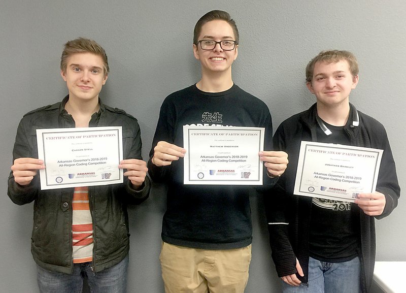 SUBMITTED Carson Stell, Matthew Anderson and Jonathan Brinkley display their regional certificates from the governor's all-region competition. They will compete in the all-state competition next month.
