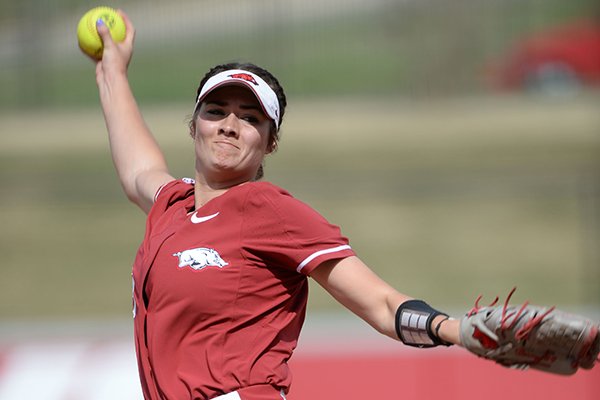 Arkansas starter Autumn Storms delivers to the plate Wednesday, April 10, 2019, against Wichita State during the first inning at Bogle Park in Fayetteville.