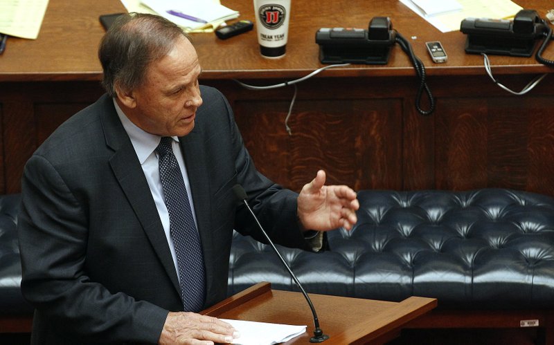 Sen. Gary Stubblefield, R-Branch, discusses Senate Bill 411, prohibiting sanctuary cities during the Senate session on Friday, April 5, 2019, at the State Capitol in Little Rock. 
