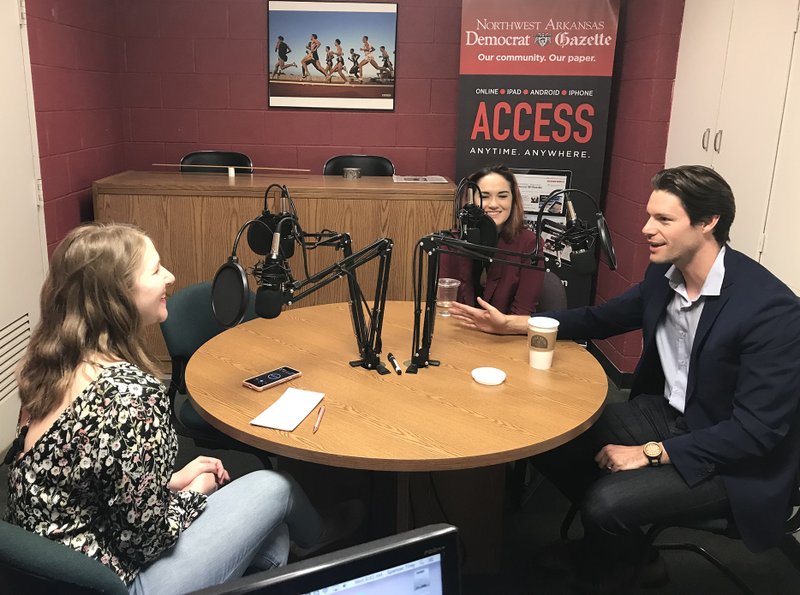 NWA Democrat-Gazette/SPENCER TIREY
Jocelyn Murphy (from left) interviews actress Christine Dwyer and actor Steven Good who are preforming in the musical Waitress at the Walton Art Center.