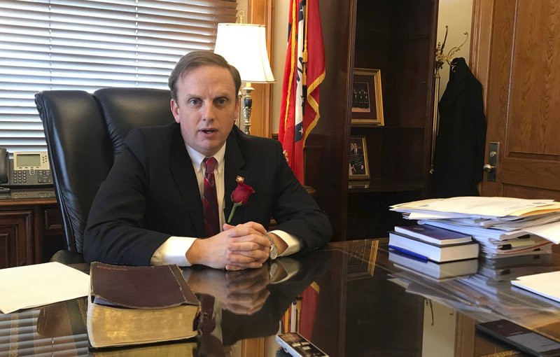 House Speaker Matthew Shepherd speaks to reporters at his office in the state Capitol in Little Rock, Ark., in this Jan. 14, 2019, file photo.