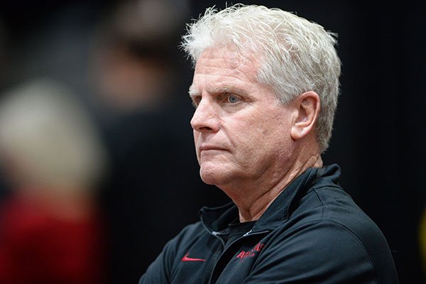 Arkansas men's track coach Chris Bucknam watches during the Southeastern Conference Indoor Track and Field Championship on Friday, Feb. 22, 2019, at the Randal Tyson Track Center in Fayetteville.