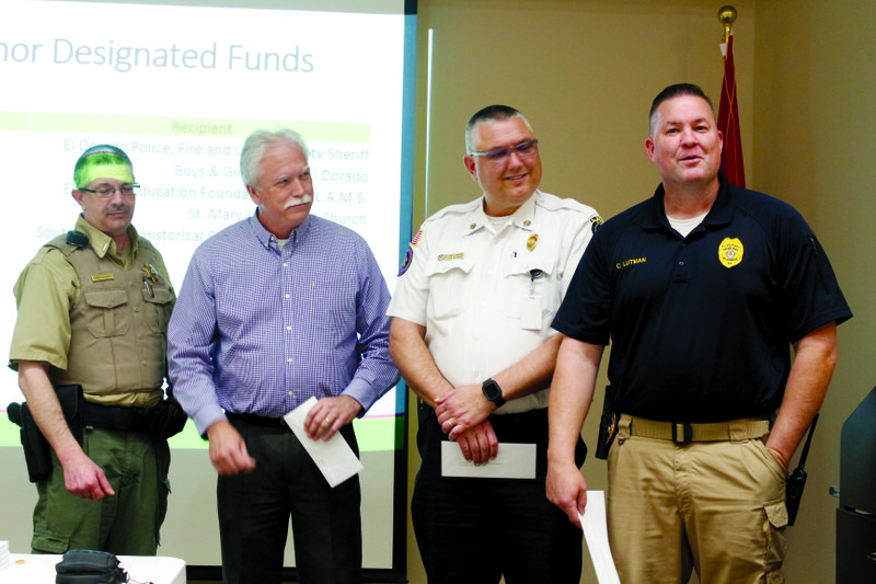 Awards: The Union County Community Foundation awarded $100,000 to be split between the El Dorado Police Department; the El Dorado Fire Department and the Union County Sheriff's office to go toward equipment. Lt. Paul Kugler with the Sheriff's Office; Sheriff Ricky Roberts; Fire Chief Chad Mosby and Public Information Officer with the El Dorado Police Department Chris Lutman attended the event to receive the grants.