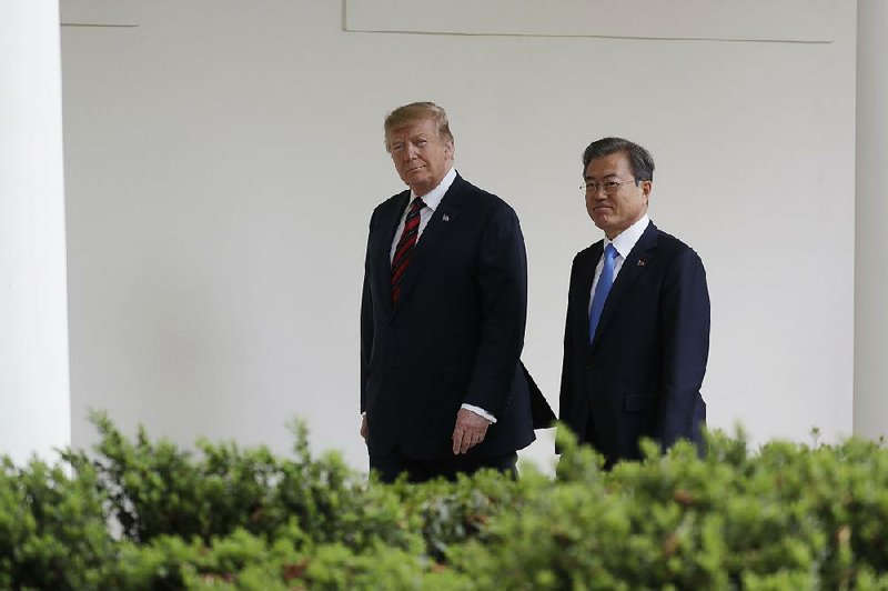 President Donald Trump escorts South Korean President Moon Jae-in to the Oval Office for a meeting Thursday on North Korea. Their meeting was held after North Korean leader Kim Jong Un vowed a “telling blow” against sanctions in a show of self-reliance in the face of failed talks with the U.S. 