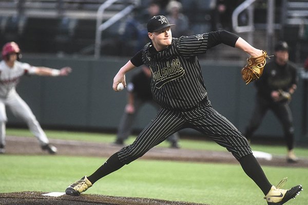 Vanderbilt pitcher Drake Fellows throws during a game against Arkansas on Friday, April 12, 2019, in Nashville, Tenn.