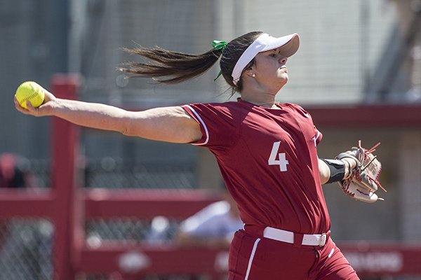 Arkansas pitcher Mary Haff throws during a game against South Carolina on Sunday, March 17, 2019, in Fayetteville.