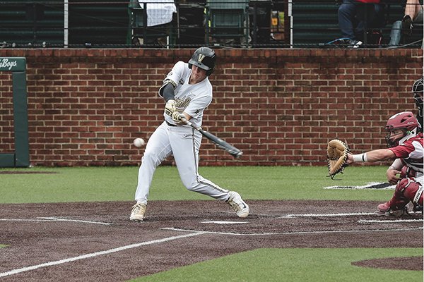 Vanderbilt's Stephen Scott swings during a game against Arkansas on Saturday, April 13, 2019, in Nashville, Tenn. 