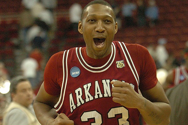 Arkansas center Vincent Hunter runs off the floor following the Razorbacks' 86-72 NCAA Tournament win over Indiana on Friday, March 21, 2008, in Raleigh, N.C.