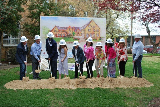 Photos courtesy Melanie Barnes Delta Delta Chapter of Alpha Delta Pi hosted a groundbreaking ceremony April 6 at the sorority's historic house at 519 N. Oakland St. on the University of Arkansas campus in Fayetteville. More than 300 were in attendance including current members, alumnae from all six decades that the chapter has been on campus, University of Arkansas dignitaries, Alpha Delta Pi international officers, and members of the design and construction team. The groundbreaking kicked off a $10 million renovation and addition to the award-winning English Tudor Revival home, the only one of its kind on the UA campus. The house will maintain its Tudor style but include more study spaces, more capacity for dining and chapter meetings, and updates for safety, security, technology and ADA accessibility. Alpha Delta Pi is working with University of Arkansas Facilities Management, WER Architects/Planners and Kinco Constructors on the project. The refurbished 26,500-square-foot home will open in the fall of 2020.