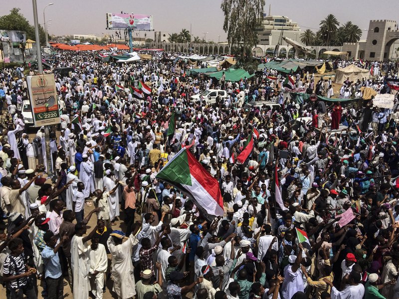 Demonstrators gather in Sudan's capital of Khartoum, Friday, April 12, 2019. The Sudanese protest movement has rejected the military's declaration that it has no ambitions to hold the reins of power for long after ousting the president of 30 years, Omar al-Bashir. (AP Photo)