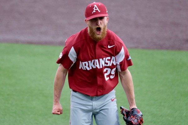 Arkansas pitcher Marshall Denton celebrates after recording the final out of a game against Vanderbilt on Sunday, April 14, 2019, in Nashville, Tenn.