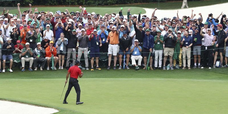 Tiger Woods reacts as he wins the Masters golf tournament Sunday, April 14, 2019, in Augusta, Ga. (Curtis Compton/Atlanta Journal-Constitution via AP) story.lead_photo.caption