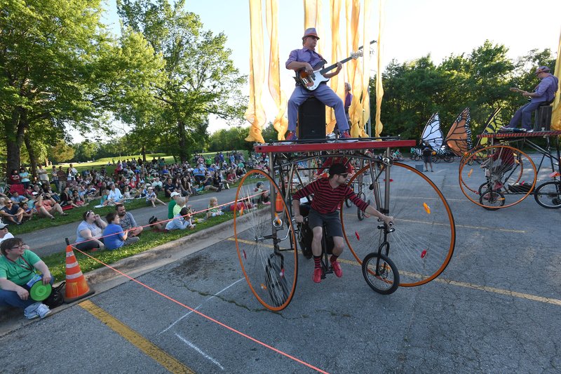 File photo/NWA Democrat-Gazette/J.T. WAMPLER Cycle Sonic performs their original chamber rock music on human-powered stages during Artosphere: Arkansas' Arts and Nature Festival on May 14, 2017 at Walker Park in Fayetteville. The festival received $15,000 this year from the Advertising and Promotion Commission to put toward marketing.