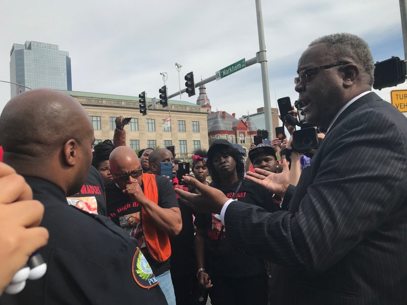 Little Rock Police Department Chief Keith Humphrey (right) addressed protesters in downtown Little Rock Tuesday afternoon.