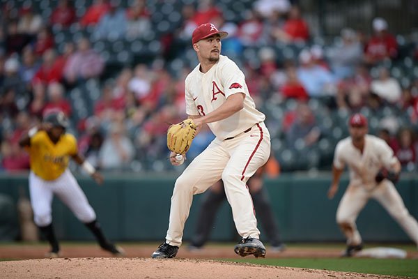 Arkansas pitcher Connor Noland throws during a game against Arkansas-Pine Bluff on Tuesday, April 16, 2019, in Fayetteville.