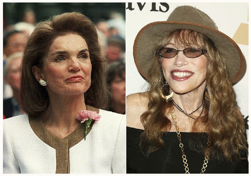 This combination of photos shows Jacqueline Kennedy Onassis in New York in 1992, left and  Carly Simon at the 2016 Clive Davis Pre-Grammy Gala in Beverly Hills, Calif., on Feb. 14, 2016. 