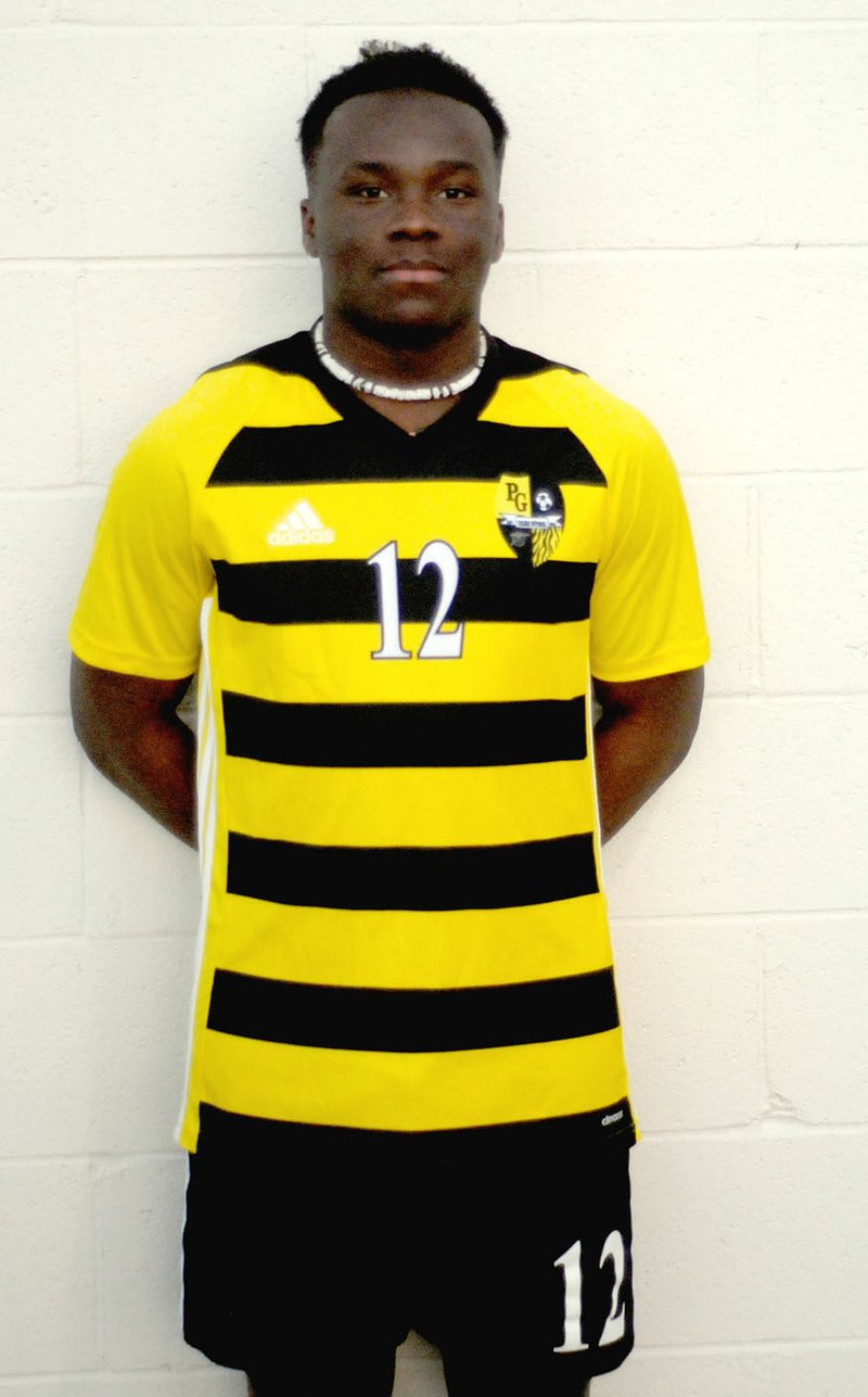 MARK HUMPHREY ENTERPRISE-LEADER/Prairie Grove senior Asende Lubende scored three goals during the Tigers' 5-1 win over Gentry on Tuesday, April 9. He was named State player of the Week for March 25-31 by MaxPreps.com, an online score tracker for high school athletics.