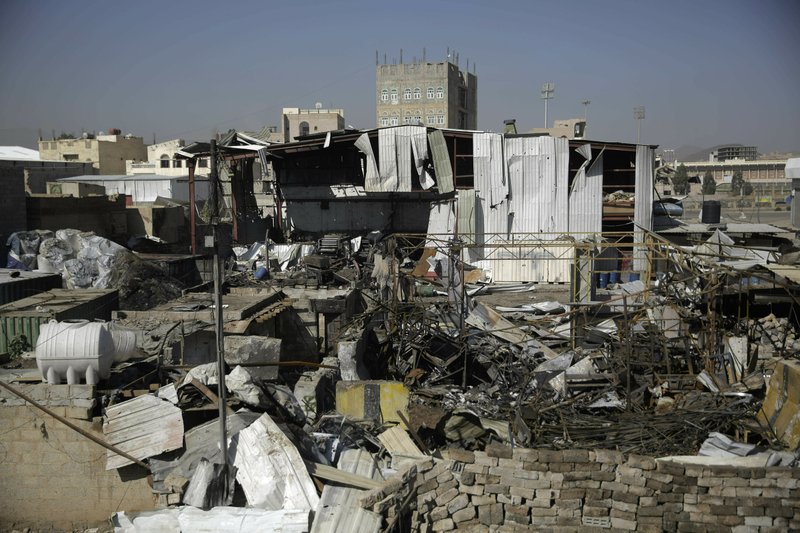 FILE - This April 10, 2019, file photo shows a view of the site of an airstrike by Saudi-led coalition in Sanaa, Yemen. President Donald Trump on Tuesday vetoed a bill passed by Congress to end U.S. military assistance in Saudi Arabia's war in Yemen. (AP Photo/Hani Mohammed, File)