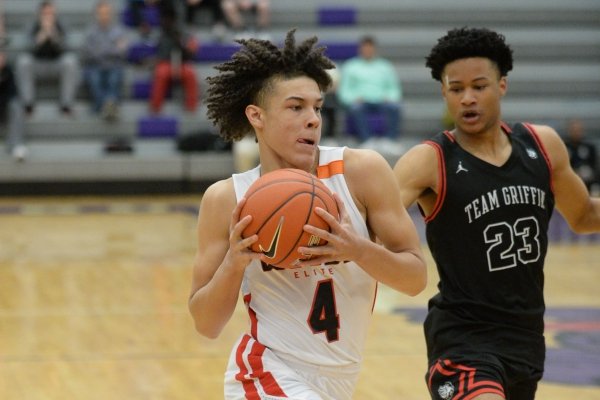 Jordan Maxwell dribbles Friday, April 12, 2019, during play at Fayetteville High School.