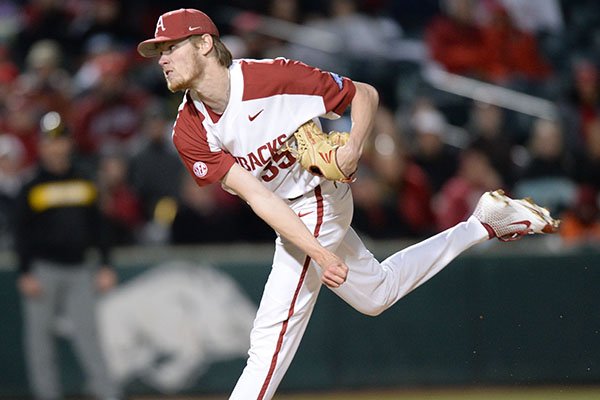Arkansas reliever Jacob Kostyshock delivers to the plate against Missouri Friday, March 15, 2019, during the eighth inning at Baum-Walker Stadium in Fayetteville. 