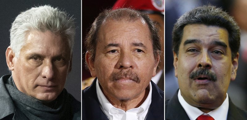 This combination of images shows, from left, Cuba's President Miguel Diaz-Canel, Nicaragua's President Daniel Ortega and Venezuela's President Nicolas Maduro. The Trump administration on Wednesday, April 17, 2019, intensified its crackdown on Cuba, Nicaragua and Venezuela, rolling back Obama administration policy and announcing new restrictions and sanctions against the three countries whose leaders national security adviser John Bolton dubbed the &quot;three stooges of socialism.&quot; (AP Photos)