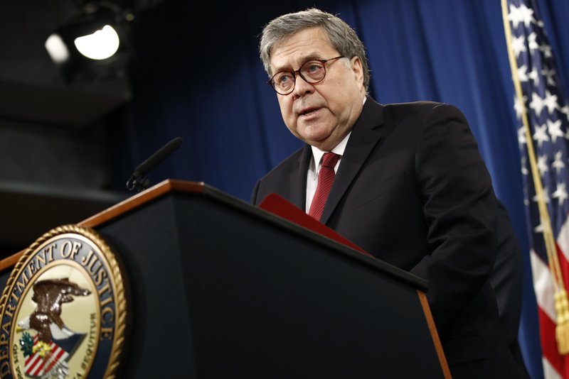 Attorney General William Barr speaks about the release of a redacted version of special counsel Robert Mueller's report during a news conference, Thursday, April 18, 2019, at the Department of Justice in Washington. (AP Photo/Patrick Semansky)

