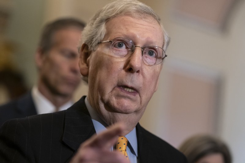 Senate Majority Leader Mitch McConnell, R-Ky., speaks to reporters at the Capitol in Washington, Tuesday, April 9, 2019. (AP Photo/J. Scott Applewhite)