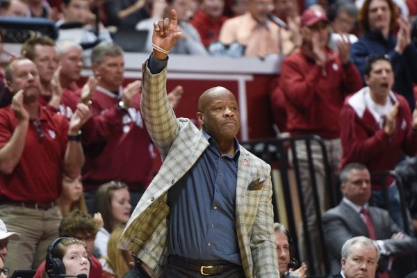 Arkansas Razorbacks head coach Mike Anderson gestures during the second half of the NCAA National Invitation Tournament, Saturday, March 23, 2019 at the Simon Skjodt Assembly Hall at the University of Indiana in Bloomington, Ind. The Arkansas Razorbacks fell to the Indiana Hoosiers 63-60.
