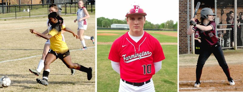 Prairie Grove's Aniyah Gibbs (from left), Farmington's Colton Kilgore and Lincoln's Paige Umberson have been nominated for the Spring Sports Player of the Week.