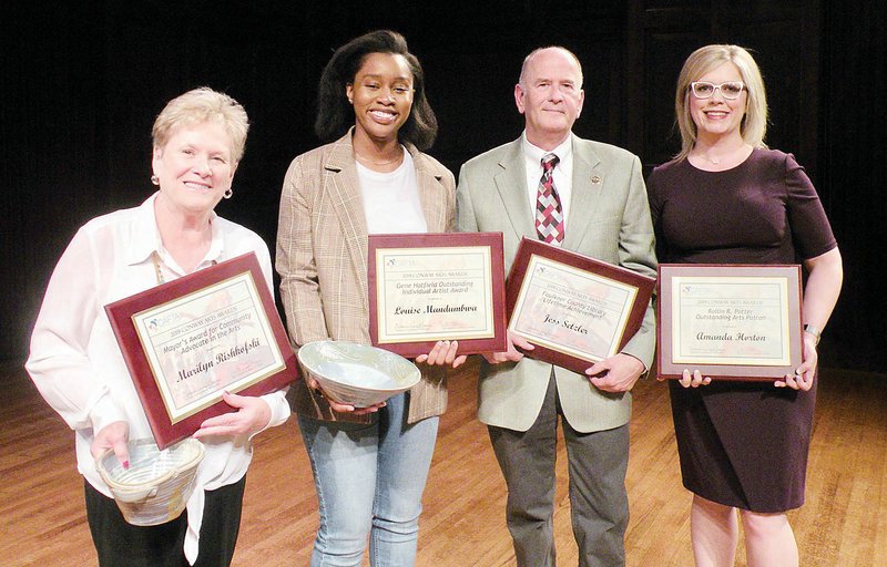 Winners of the 2019 Conway Arts Awards include, from left, Marilyn Rishkofski, Mayor’s Award for Community Advocate of the Arts; Louise Mandumbwa, Gene Hatfield Outstanding Individual Artist Award; Jess Setzler, Faulkner County Library Lifetime Achievement in the Arts Award; and Amanda Horton, Rollin R. Potter Outstanding Arts Patron Award. Not shown are Augustine Nguyen, Outstanding Student Achievement Award, and Israel Getzov, Outstanding Educator Award.