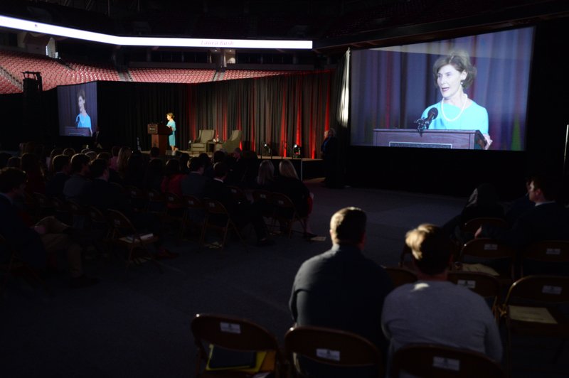 NWA Democrat-Gazette/ANDY SHUPE
Former First Lady Laura Bush speaks Thursday, April 18, 2019, in Bud Walton Arena on the University of Arkansas campus in Fayetteville. Bush came to campus to speak as part of the university's student-sponsored Distinguished Lecture Series.