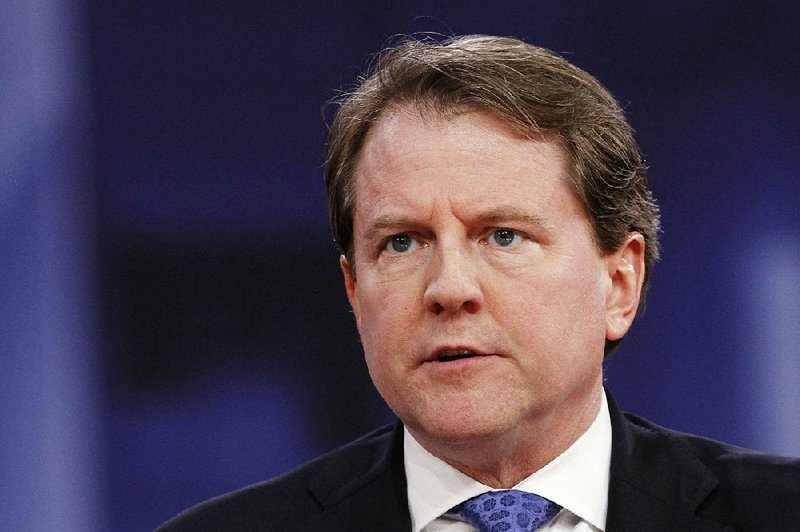  In this Feb. 22, 2018, file photo former White House counsel Don McGahn speaks at the Conservative Political Action Conference (CPAC), at National Harbor, Md. 