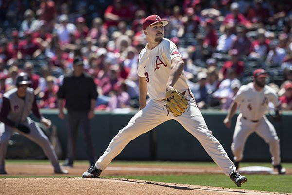 Arkansas pitcher Connor Noland throws during a game against Mississippi State on Saturday, April 20, 2019, in Fayetteville. 
