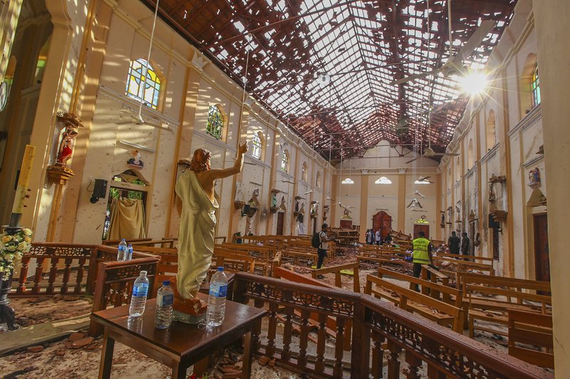 St. Sebastian's Church was damaged in a blast in Negombo, north of Colombo, Sri Lanka, on Sunday, April 21, 2019. (AP Photo/Chamila Karunarathne)