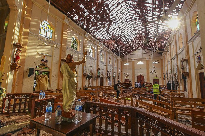 The interior of St. Sebastian’s Church in Negombo, Sri Lanka, shows damage from one of nine bombings in the country on Sunday.