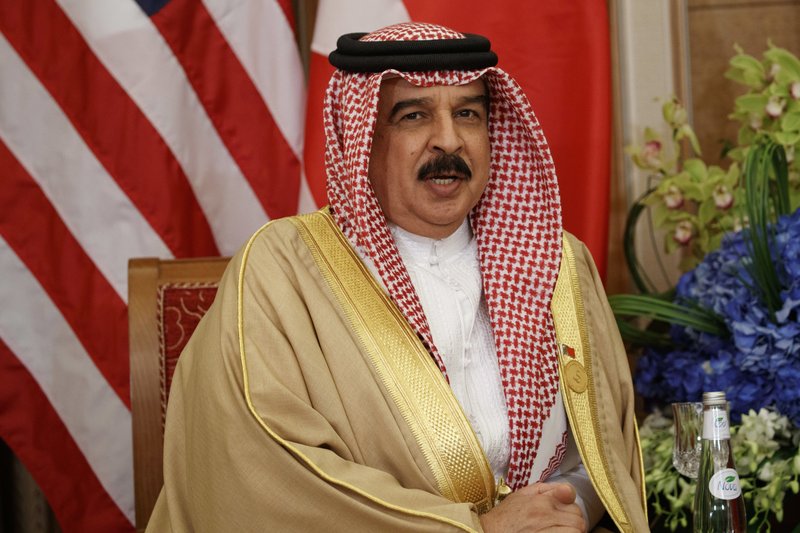 FILE - In this May 21, 2017 file photo, Bahrain's King Hamad bin Isa Al Khalifa speaks during a meeting with U.S. President Donald Trump, in Riyadh, Saudi Arabia. The king reinstated the citizenship of 551 people convicted amid a crackdown on dissent on the island. The surprise royal decree, announced Sunday, April 21, 2019, by the state-run Bahrain News Agency, gave no explanation for his decision. (AP Photo/Evan Vucci, File)