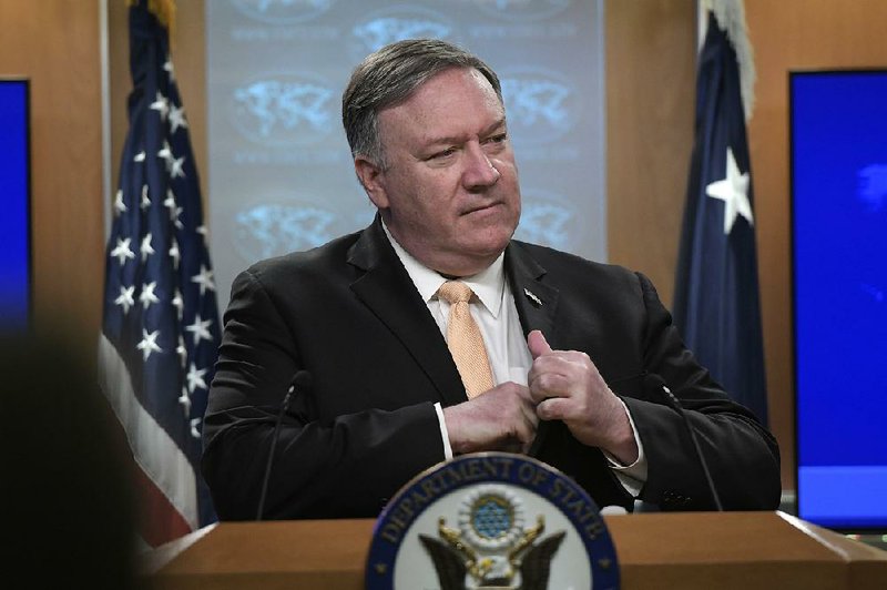 Secretary of State Mike Pompeo speaks during a news conference Monday, at the State Department in Washington. 