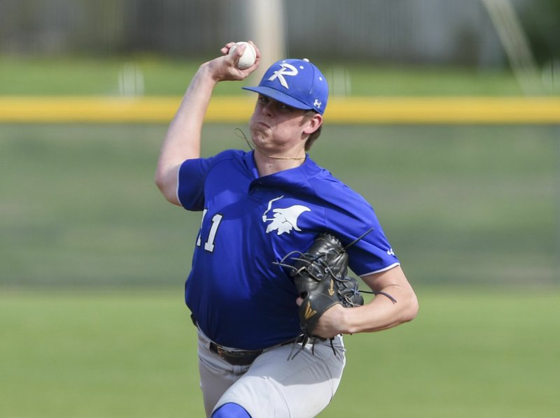 NWA Democrat-Gazette/CHARLIE KAIJO Springdale Har-Ber High School Blake Adams (10) throws a pitch during a baseball game, Monday, April 22, 2019 at Veterans Park in Rogers.