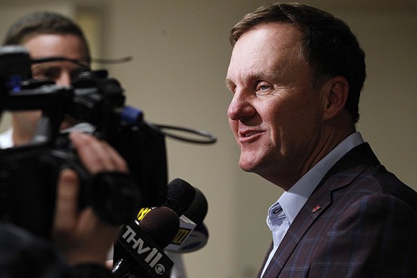 Arkansas football coach Chad Morris talks to the media during the State of the Hog event on Wednesday, April 10, 2019, at Verizon Arena in North Little Rock.