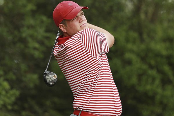 Mason Overstreet of Arkansas hits a tee shot during the Valspar Collegiate Invitational at the Floridian on Monday, March 18, 2019, in Palm City, Fla. (AP Photo/Scott Halleran )