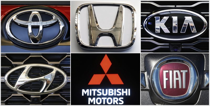 This undated combination of photos shows clockwise from top left the logos for Toyota, Honda, Kia, Fiat Chrysler, Mitsubishi and Hyundai. U.S. auto safety regulators have expanded an investigation into malfunctioning air bag controls to include 12.3 million vehicles because the bags may not inflate in a crash. Vehicles made by Toyota, Honda, Kia, Hyundai, Mitsubishi and Fiat Chrysler from the 2010 through 2019 model years are included in the probe, which was revealed Tuesday, April 23, 2019, in documents posted by the National Highway Traffic Safety Administration. (AP Photos)

