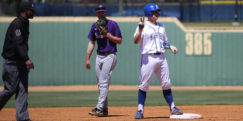 SAU’s Zach Muldoon appears to be giving the peace sign when he held up two fingers after reaching base against OBU last weekend.