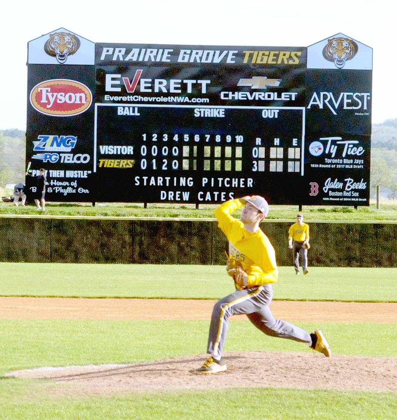 MARK HUMPHREY ENTERPRISE-LEADER Prairie Grove senior Drew Cates threw a 4 hitter to lead the Tigers to a 6-0 victory over Huntsville in 4A-1 baseball action Thursday, April 11.