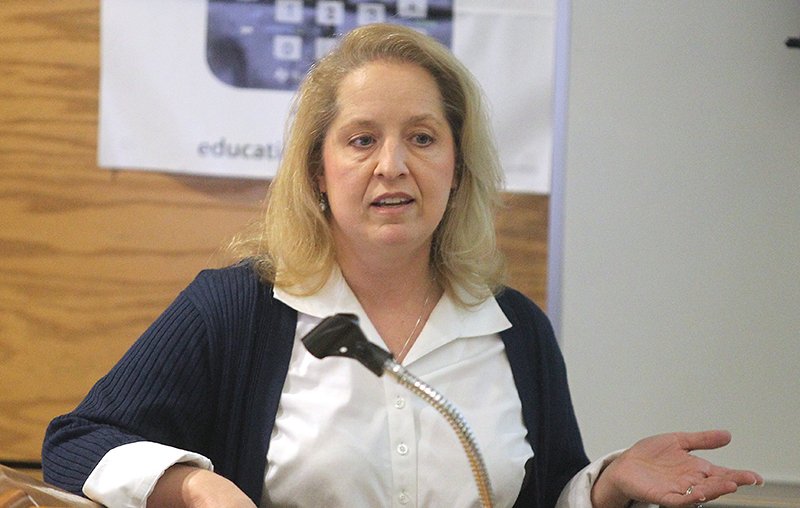 The Sentinel-Record/Richard Rasmussen AUTISM AWARENESS: Dianna Varady, who works with the Arkansas Autism Resource and Outreach Center, speaks to a group at NPC on Wednesday.