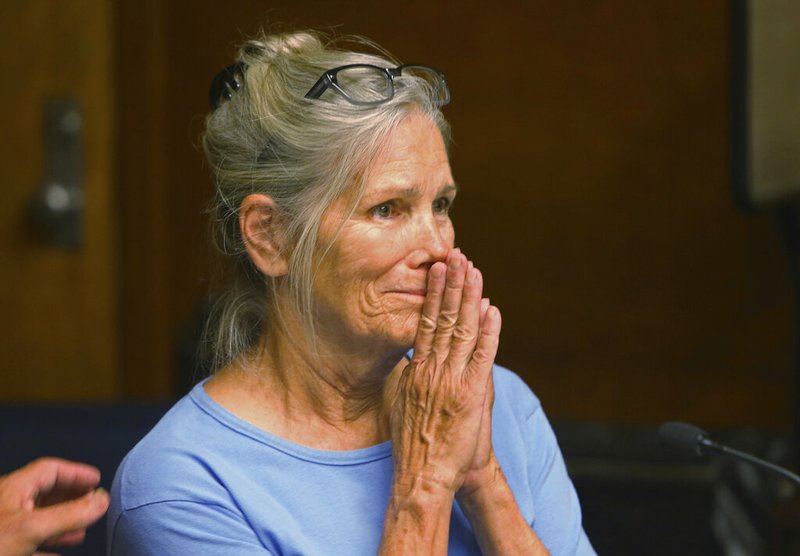 In this Sept. 6, 2017 file photo Leslie Van Houten reacts after hearing she is eligible for parole during a hearing at the California Institution for Women in Corona, Calif. Charles Manson follower Van Houten is getting another chance at getting out of prison. Van Houten's attorney will argue that she deserves to be paroled at a hearing before California's 2nd District Court of Appeal in Los Angeles on Wednesday, April 24, 2019. The 69-year-old Van Houten is not expected in court herself. (Stan Lim/Los Angeles Daily News via AP, Pool, File)