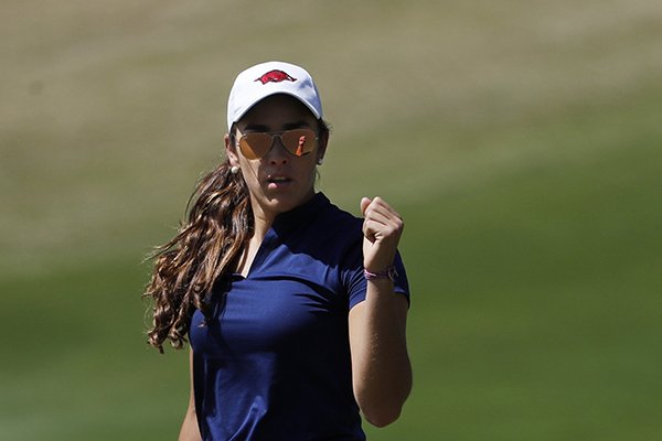Maria Fassi pumps her fist after sinking a putt on the 10th hole during the first round of the Augusta National Women's Amateur golf tournament at Champions Retreat in Evans, Ga., Wednesday, April 3, 2019. (AP Photo/David Goldman)