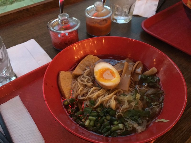 Tonkot-Soy Bowl features a mock tonkotsu/shio broth, topped with soy-based meat substitute, at That Ramen Place. Arkansas Democrat-Gazette/Karen Martin
