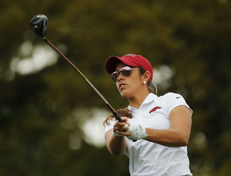 Maria Fassi, of Mexico, tees off the first hole during the final round of the Augusta National Women's Amateur golf tournament in Augusta, Ga., Saturday, April 6, 2019. (AP Photo/David Goldman)