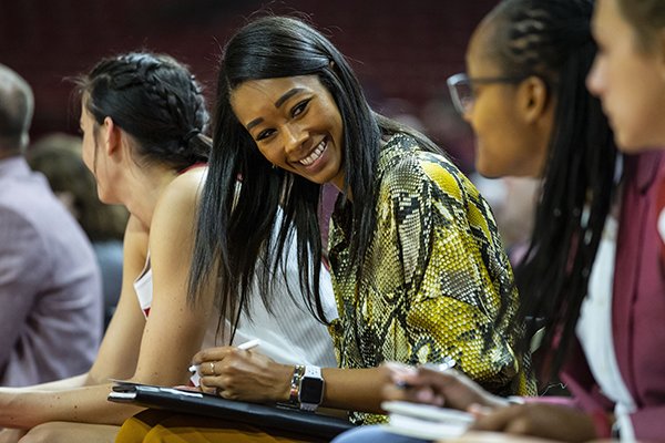 Arkansas assistant coach Lacey Goldwire is shown during a game against Arizona State on Sunday, Nov. 18, 2018, in Fayetteville.